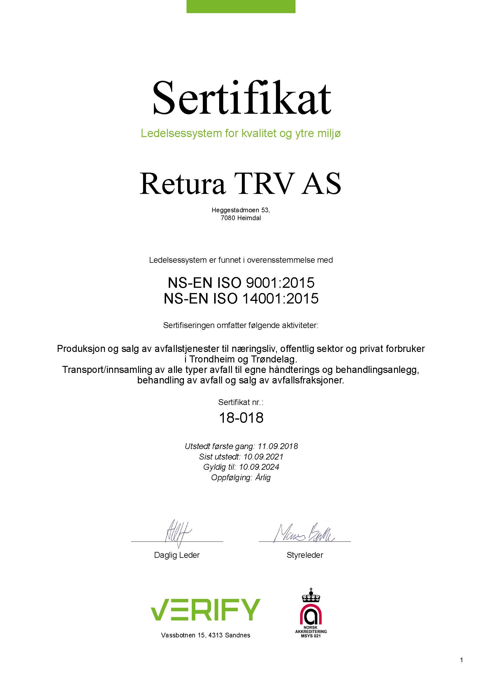 18-018 Retura TRV AS 9001.2015 14001.2015